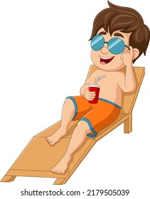 Cartoon little boy relaxing with soda drink on beach chair