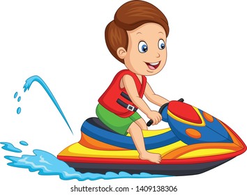 Cartoon little boy rides a jetski