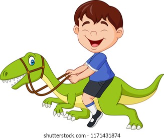 Cartoon little boy riding a dinosaur