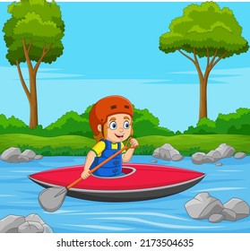 Cartoon little boy rowing a boat