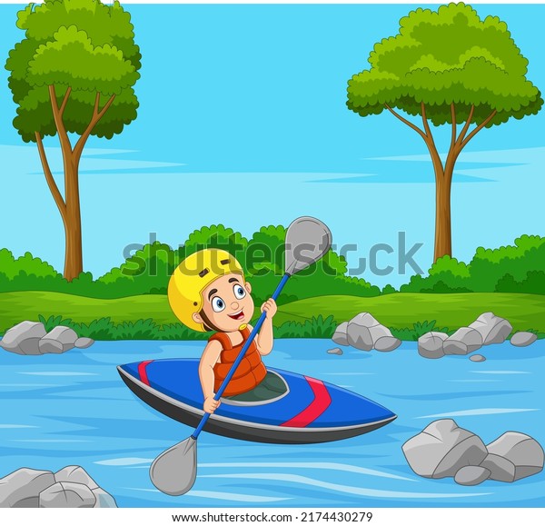Cartoon little boy rowing a\
boat