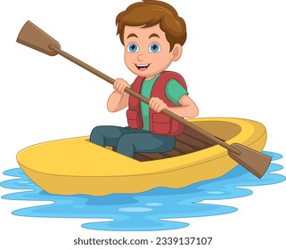 Cartoon Little Boy Rowing a canoe