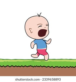 Cartoon little boy running in the park, vector illustration