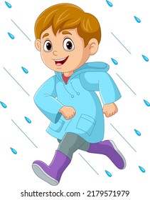 Cartoon little boy running wearing raincoat and boots in the rain