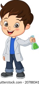 Cartoon little boy scientist holding test tube