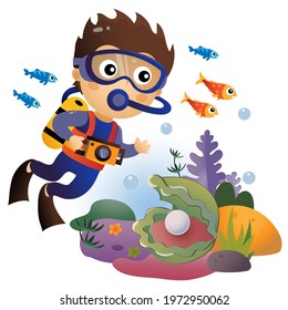 Cartoon little boy scuba diver. Marine photography or shooting. Underwater world. Coral reef with fishes, pearl shells and sea star. Colorful vector illustration for kids.