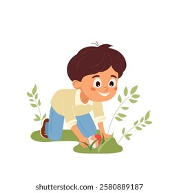 Cartoon little boy searching colorful eggs during holiday festivities. Joyful Kid hunting for Easter eggs. Perfect kids character vector design for typography, cards, flyers, invitations