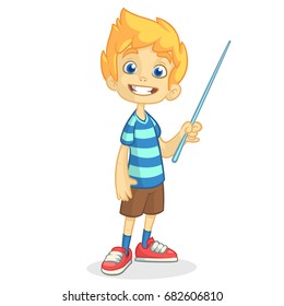 Cartoon little boy in shorts and striped t-shirt. Vector illustration of a funny make presentation with pointer. Vector isolated. Outlines