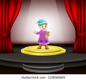 Cartoon of little boy singing on the stage