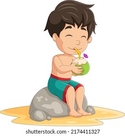 Caricatura niño pequeño sentado y tomando un cóctel de coco