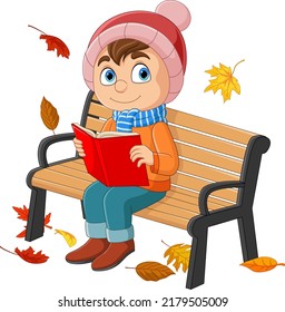 Cartoon Little Boy Sitting At Bench With Reading A Book