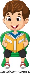 Cartoon little boy sitting on chair reading book