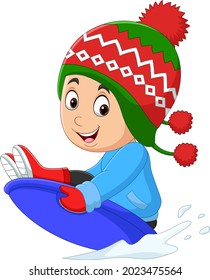 Cartoon little boy sledding down a hill