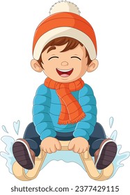 Cartoon little boy sledding down a hill