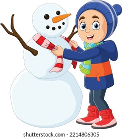 Cartoon little boy with a snowman