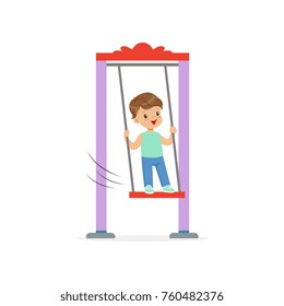 Cartoon little boy standing on swing. Kid playing in public park or kindergarten playground. Child character in flat style