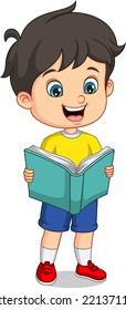 Cartoon little boy stands and reading a book