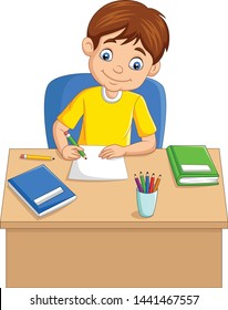 Cartoon little boy studying on the table