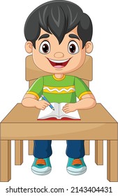 Cartoon Little Boy Studying On The Table