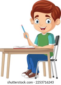 Cartoon little boy studying on the desk