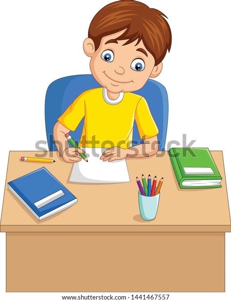 Cartoon little boy\
studying on the table
