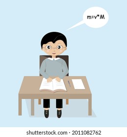 Cartoon little boy studying. Sitting at the table. Vector Illusdtration