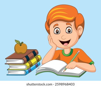 Cartoon little boy studying vector illustration