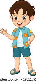 Cartoon little boy in summer clothing waving hand