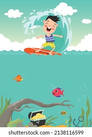 Cartoon Little Boy Surfing. Underwater Life Flat Illustration.