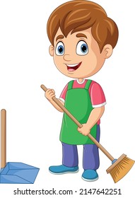 Cartoon Little Boy Sweeping The Floor