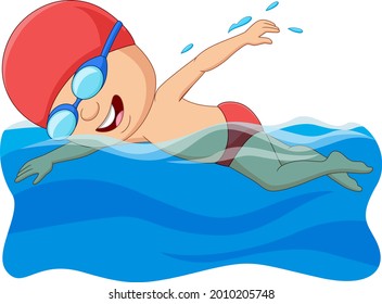 Cartoon little boy swimmer in the swimming pool