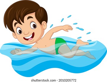 Cartoon little boy swimmer in the swimming pool