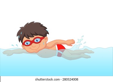 Cartoon little boy swimmer in the swimming pool