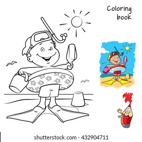 Cartoon Little Boy With Swimming Circle, Flippers And Mask On The Beach. Coloring Book. Vector Illustration