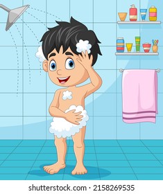 Cartoon little boy taking a bath