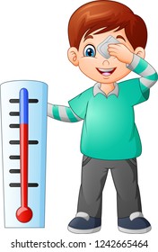  
Cartoon little boy with a thermometer