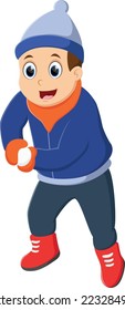 Cartoon little boy throwing snowballs