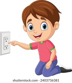 Cartoon little boy touching an electrical socket