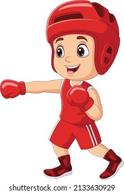 Cartoon little boy training boxing