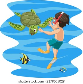 Cartoon little boy in underwater with sea animal