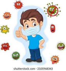 Cartoon little boy with viruses and bacteria giving thumb up
