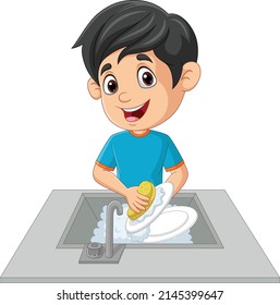 Cartoon little boy washing the dishes