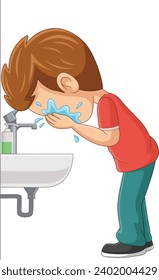 Cartoon little boy washing face in the sink