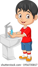 Cartoon little boy washing his hands