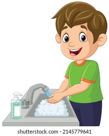 Cartoon little boy washing his hands