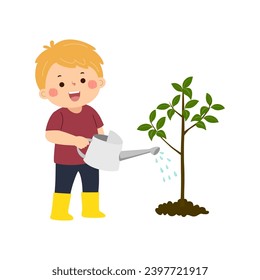 Caricatura niño regando una planta joven