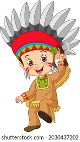Cartoon little boy wearing american indian costume holding an axe
