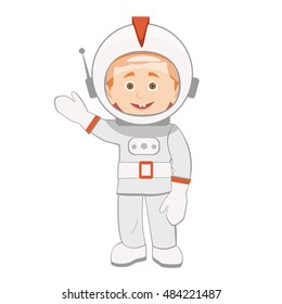 Cartoon little boy wearing astronaut costume. Astronauts characters in flat cartoon style. Person, human spaceman. Vector illustration. 