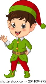 Cartoon little boy wearing christmas elf costume