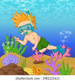 Cartoon little boy wearing diving mask swims underwater